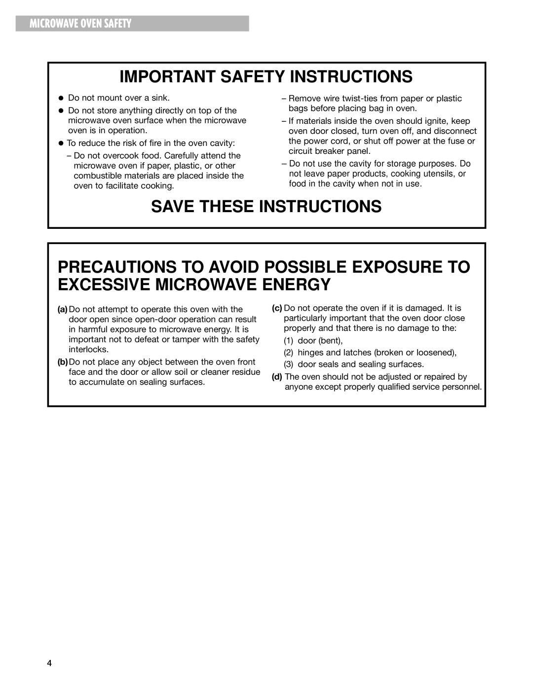 Whirlpool GT1196SH, GT1195SH installation instructions Microwave Oven Safety 