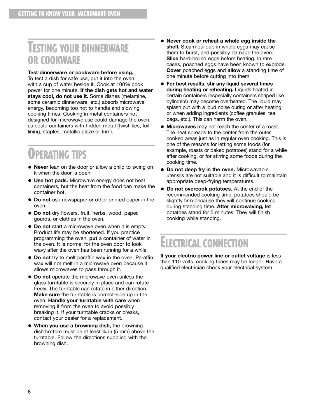 Whirlpool GT1196SH, GT1195SH installation instructions Or Cookware, Operating Tips 