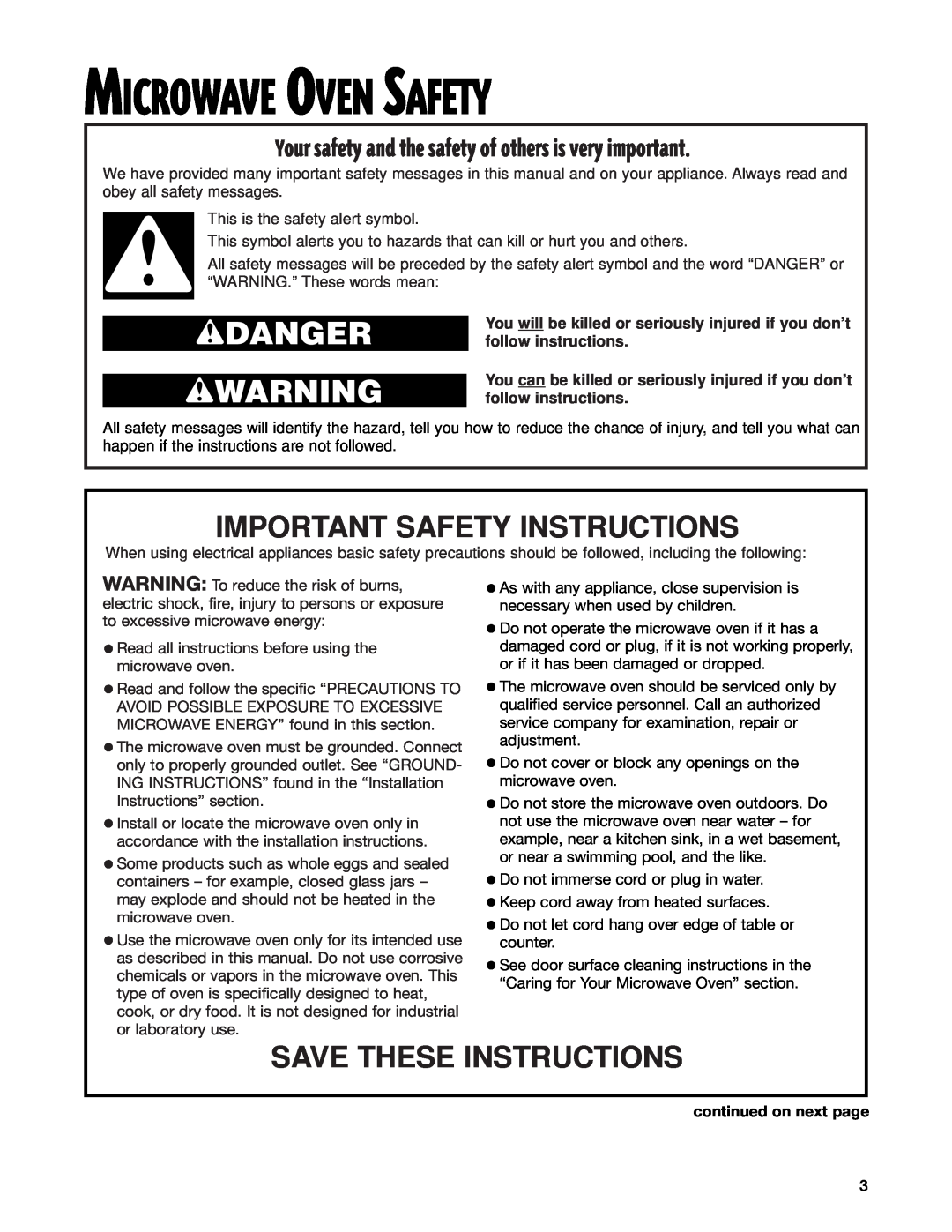 Whirlpool GT1195SH Microwave Oven Safety, Important Safety Instructions, Save These Instructions, wDANGER wWARNING 