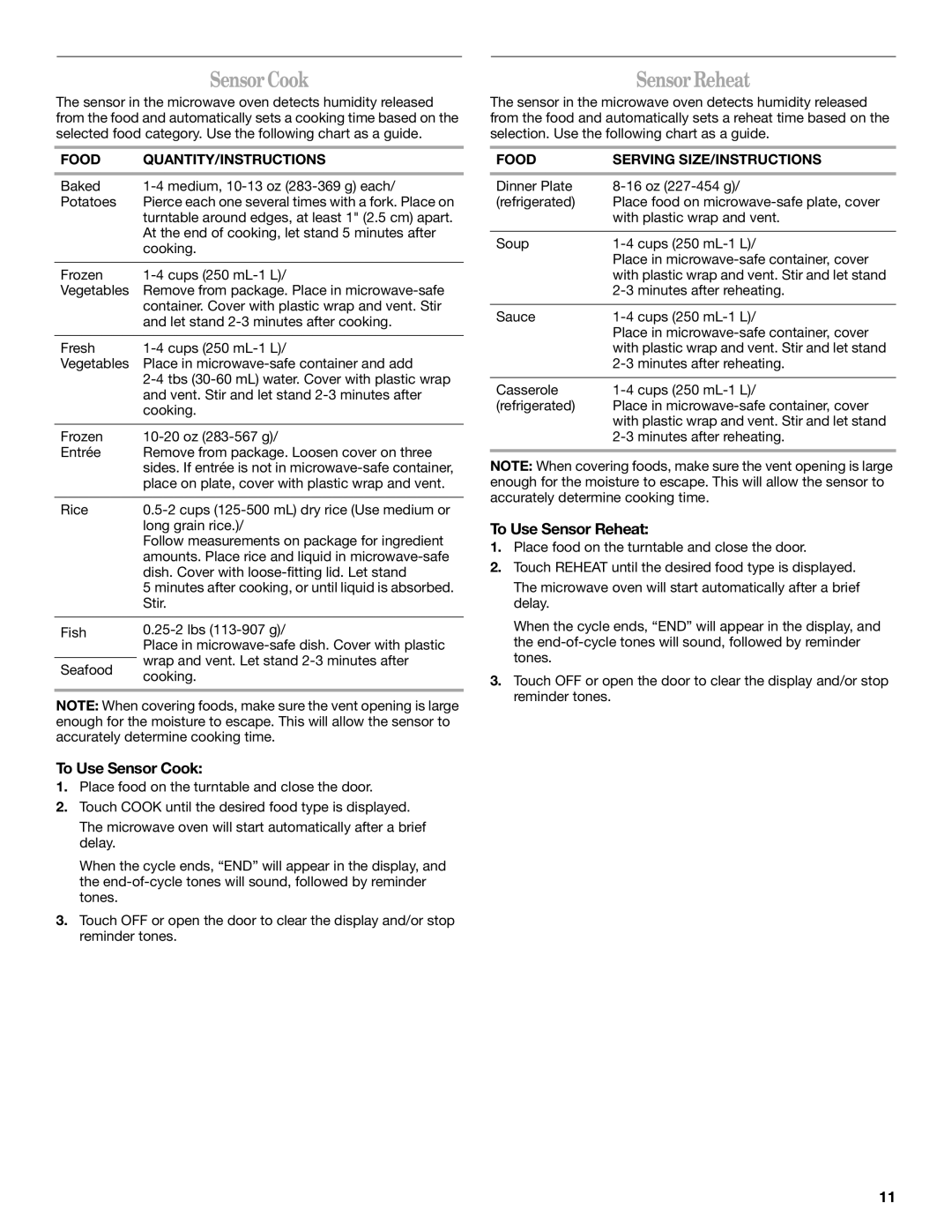 Whirlpool GT4175 manual SensorCook, SensorReheat, To Use Sensor Cook, To Use Sensor Reheat 