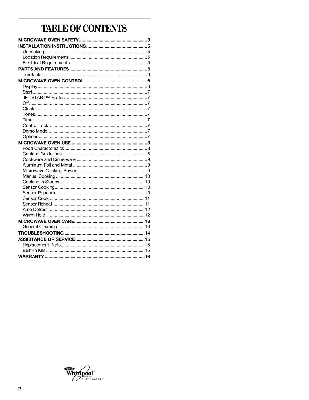 Whirlpool GT4175 manual Table of Contents 