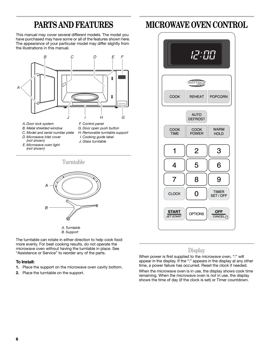 Whirlpool GT4175 manual Parts and Features, Turntable, Display, To Install 