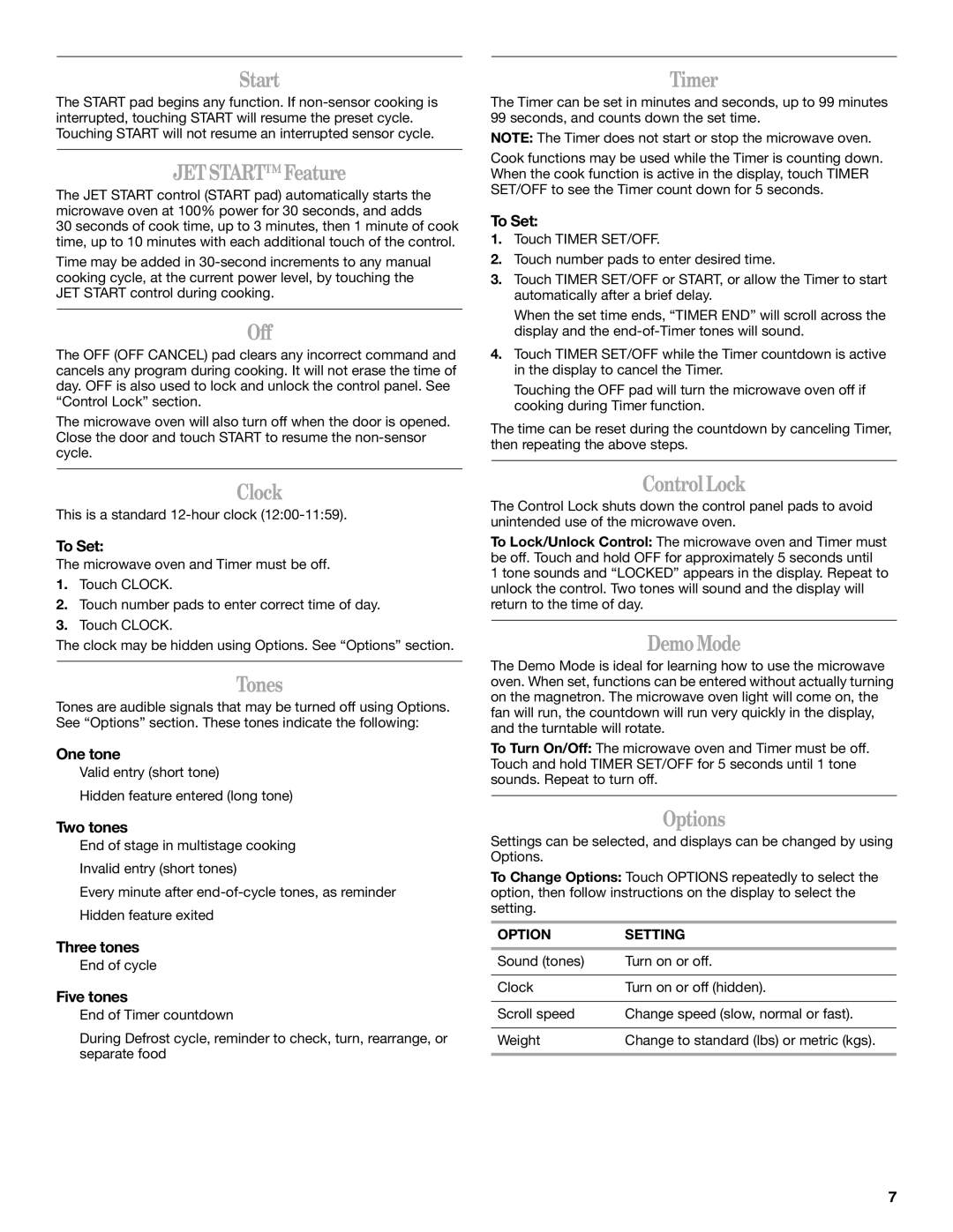 Whirlpool GT4175 manual Start, JETSTARTFeature, Off, Clock, Tones, Timer, ControlLock, DemoMode, Options 