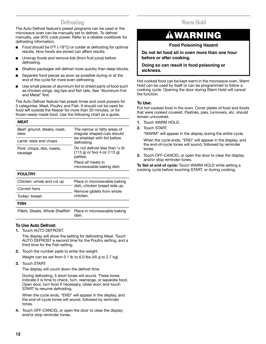 Whirlpool GT4175SP manual Defrosting, Warm Hold, To Use Auto Defrost, Meat, Poultry 