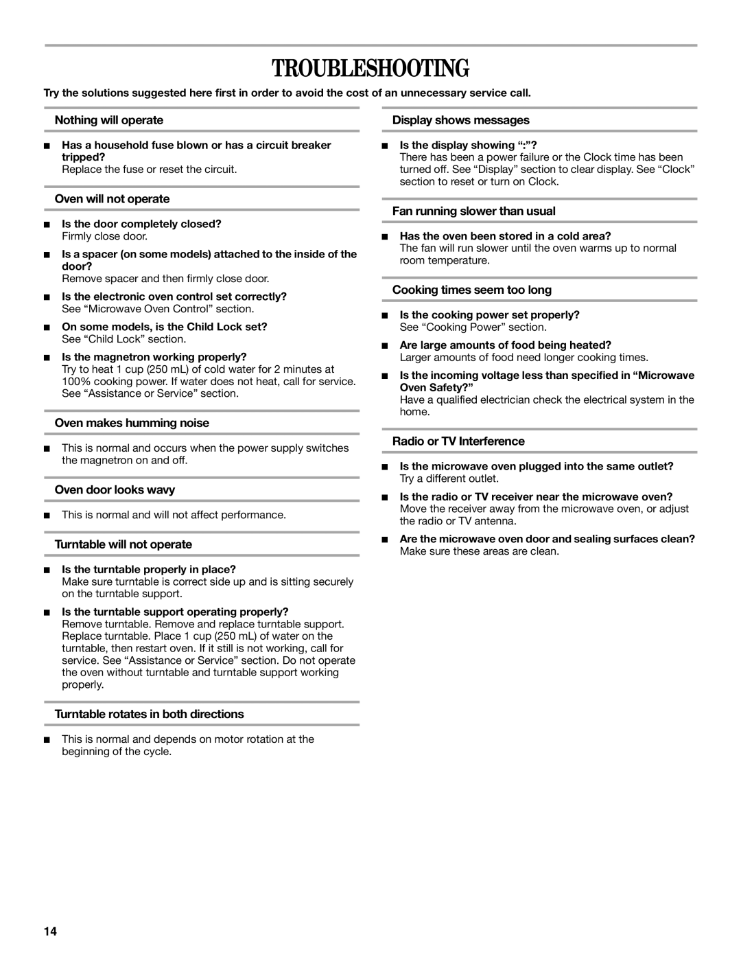 Whirlpool GT4175SP manual Troubleshooting 