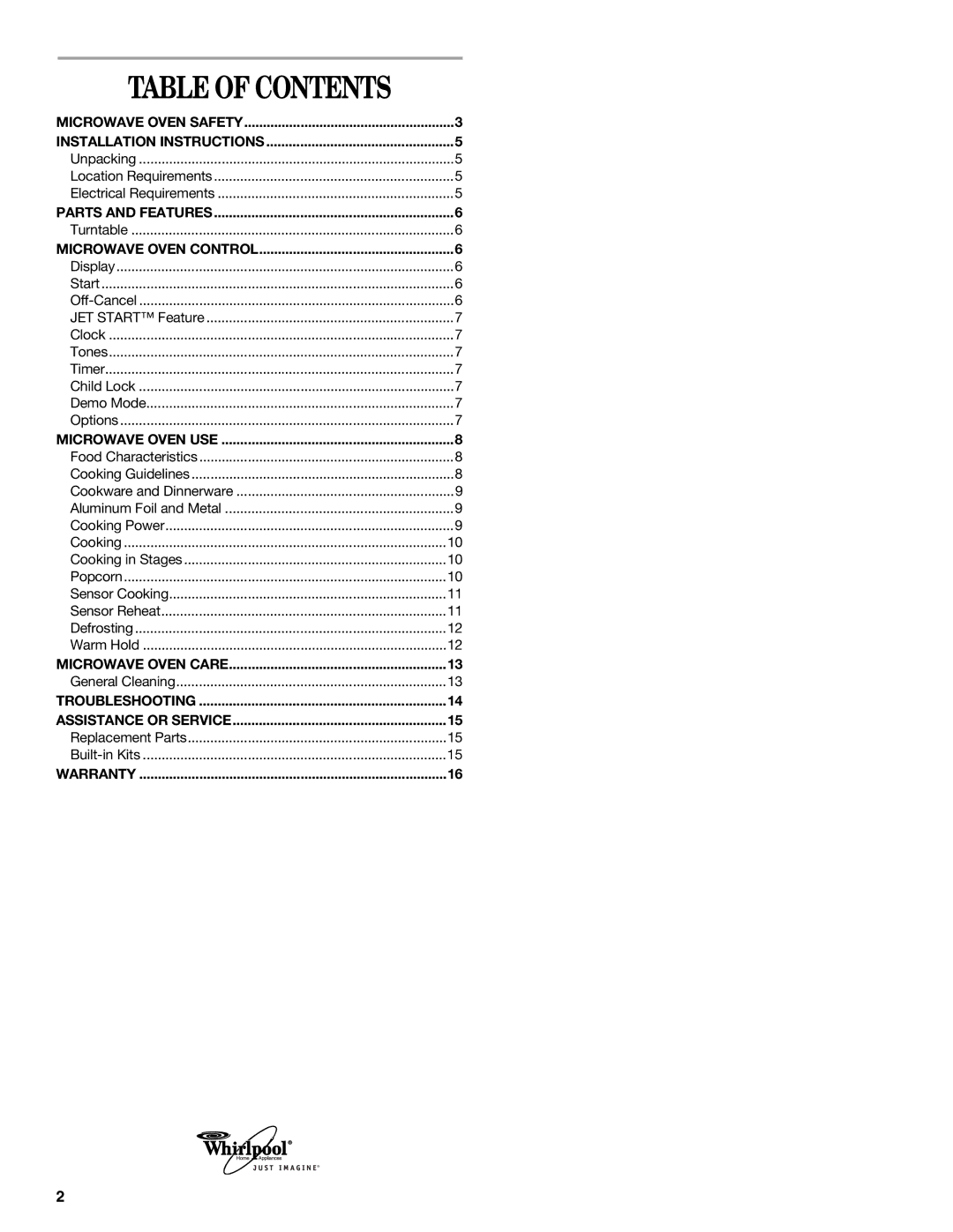 Whirlpool GT4175SP manual Table of Contents 