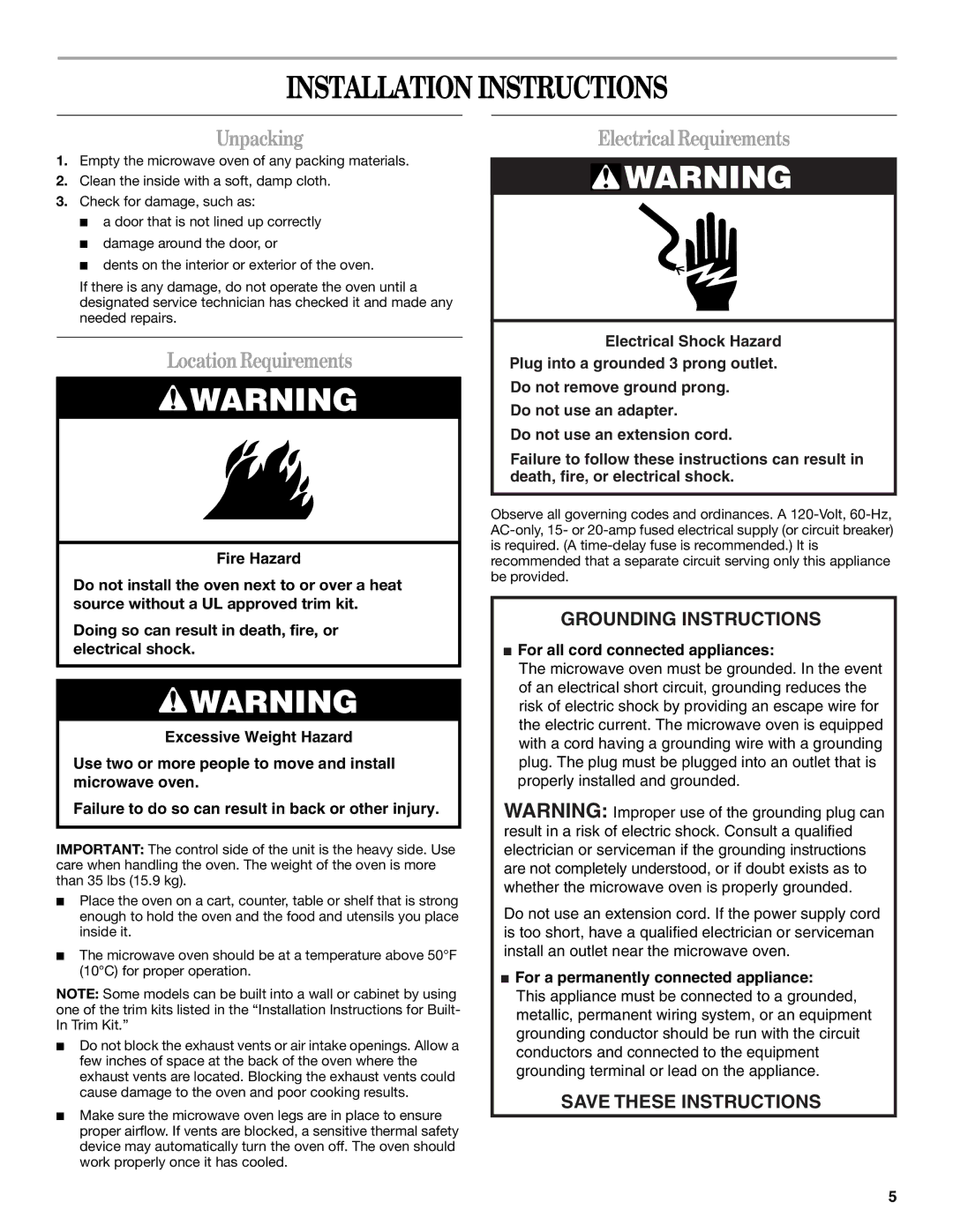 Whirlpool GT4175SP manual Installation Instructions, Unpacking, LocationRequirements, Electrical Requirements 