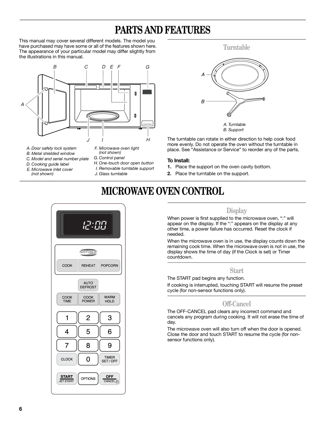 Whirlpool GT4175SP manual Parts and Features, Microwave Oven Control 