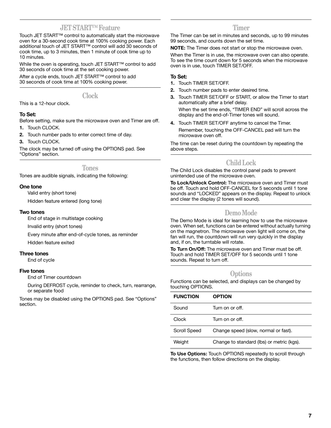 Whirlpool GT4175SP manual Jetstart Feature, Clock, Tones, Timer, Child Lock, Demo Mode, Options 