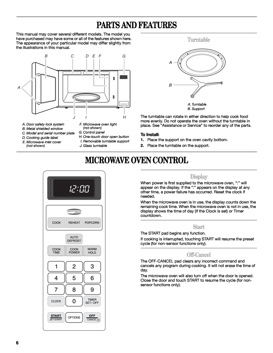 Whirlpool GT4175SP manual Parts And Features, Microwave Oven Control, Turntable, Display, Start, Off-Cancel, D E F 