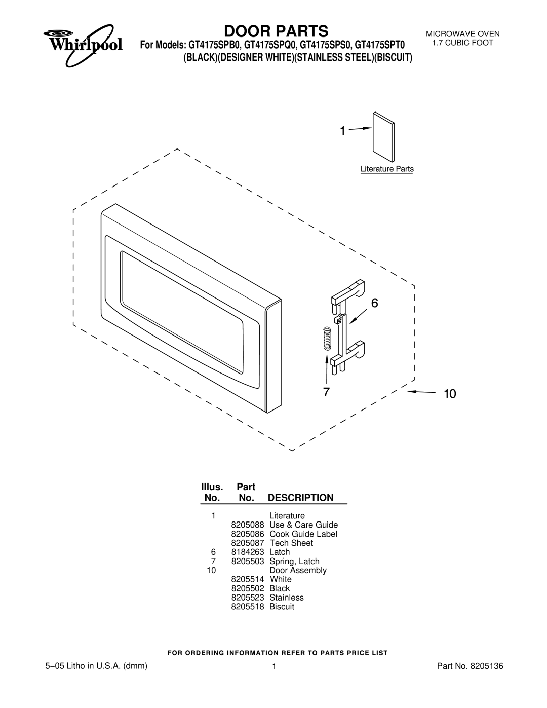 Whirlpool GT4175SPQ0, GT4175SPB0, GT4175SPS0, GT4175SPT0 manual Door Parts 