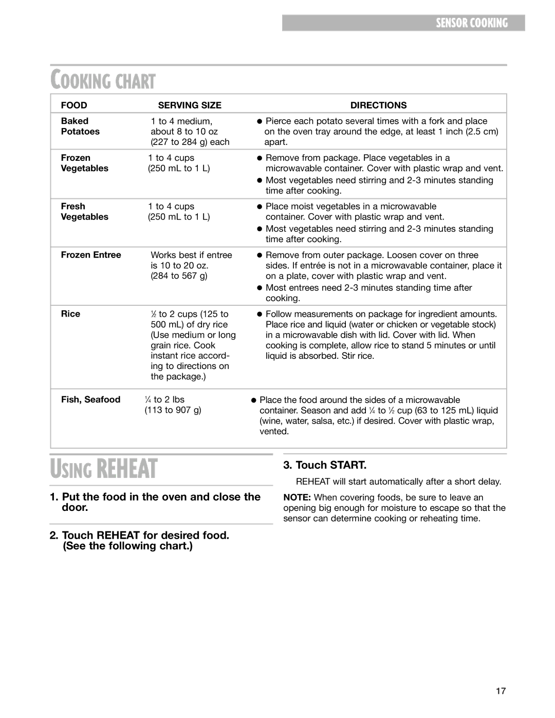 Whirlpool GT4185SK installation instructions Cooking Chart, Food Serving Size Directions 