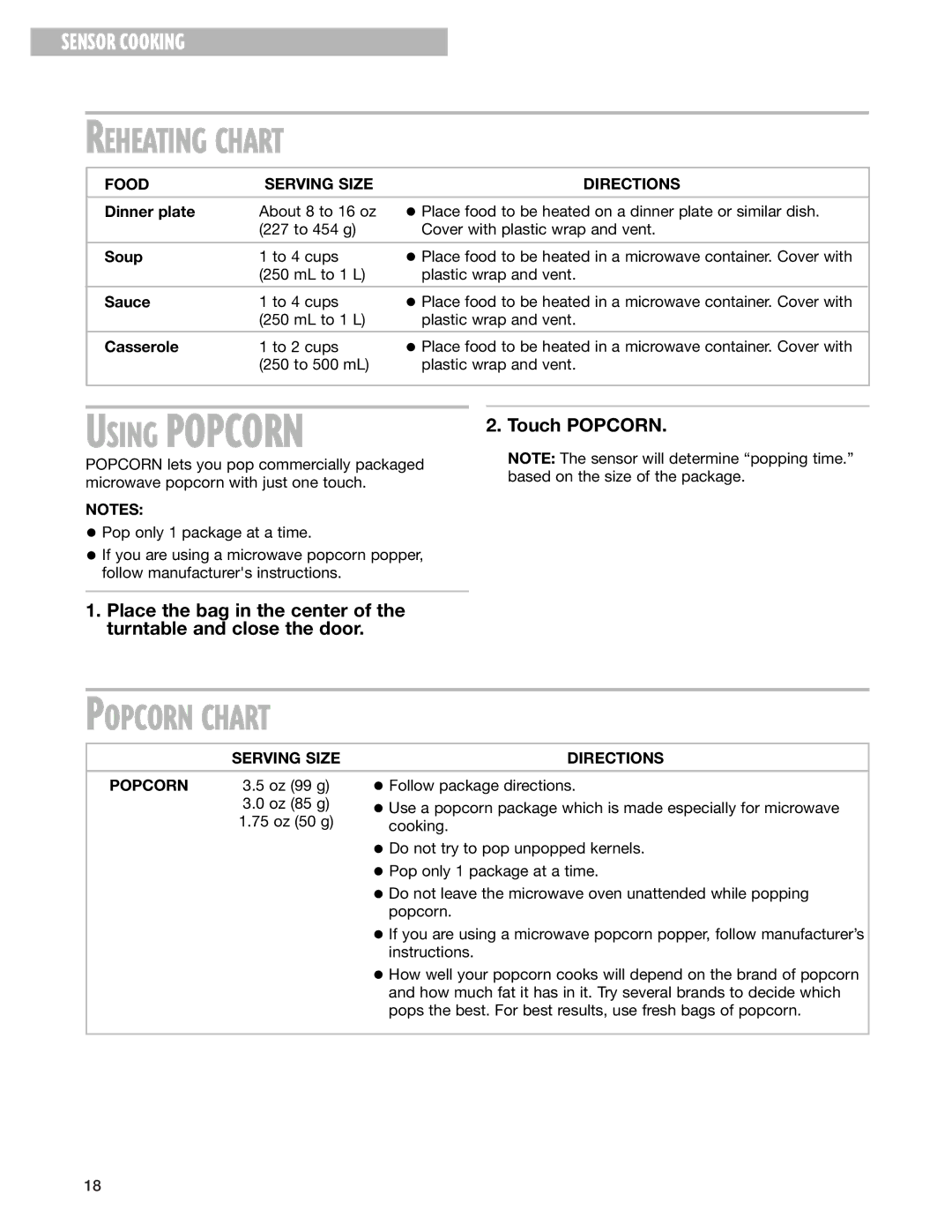 Whirlpool GT4185SK installation instructions Reheating Chart, Popcorn Chart, Serving Size Directions Popcorn 