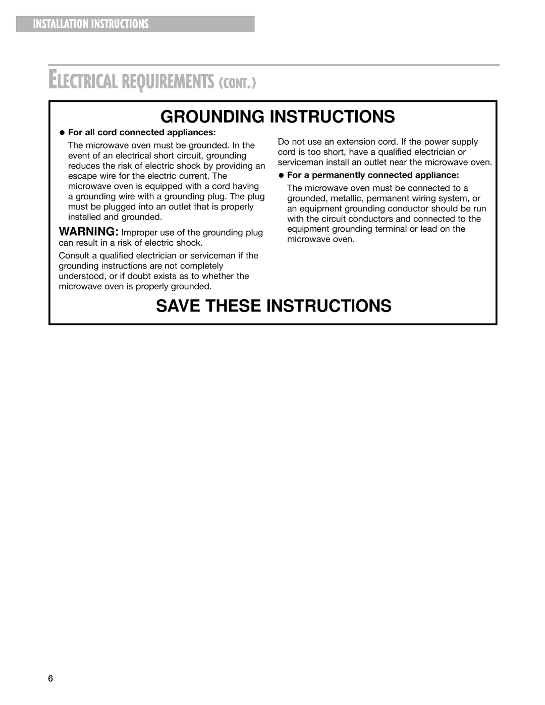 Whirlpool GT4185SK installation instructions Electrical Requirements, For all cord connected appliances 