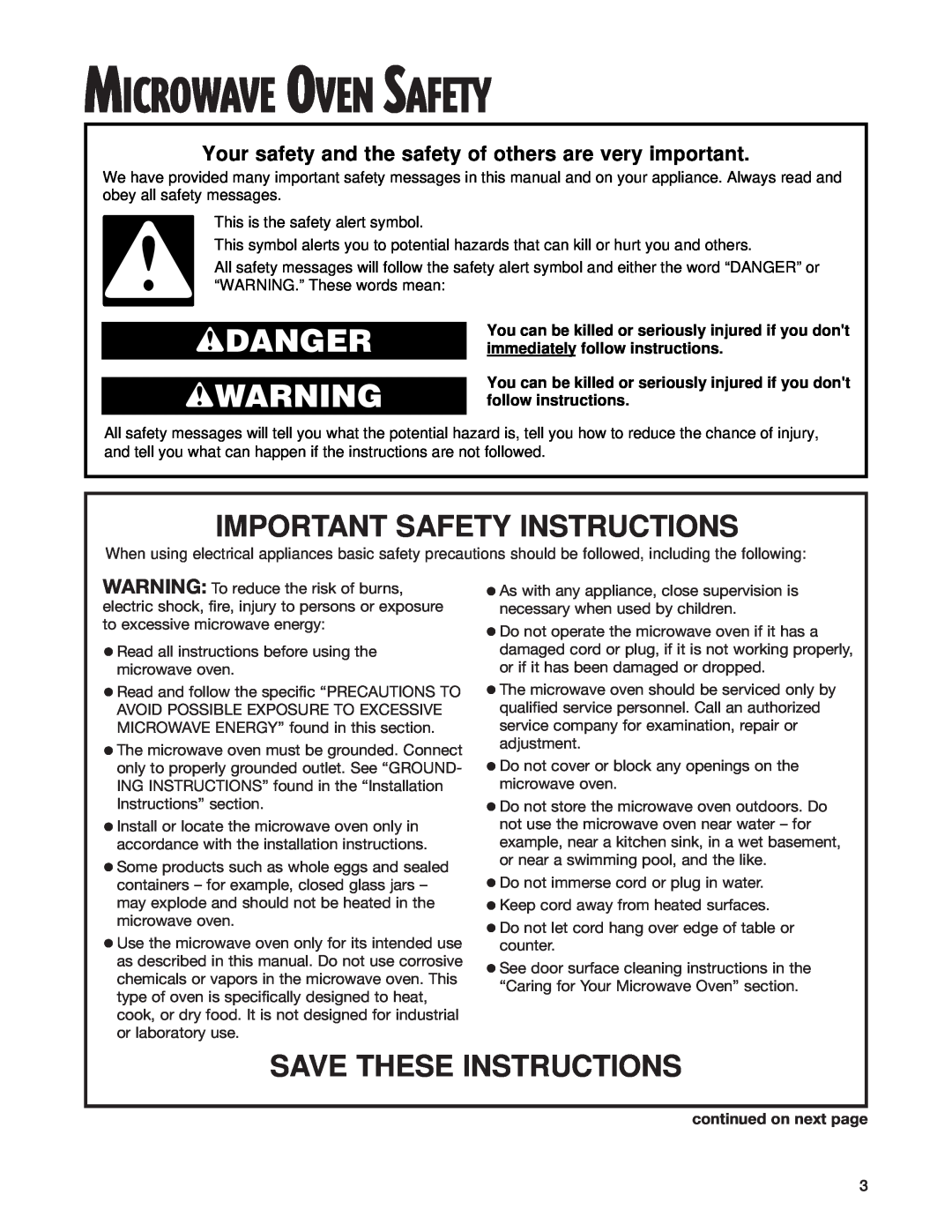 Whirlpool GT4185SK Microwave Oven Safety, wDANGER wWARNING, Important Safety Instructions, Save These Instructions 