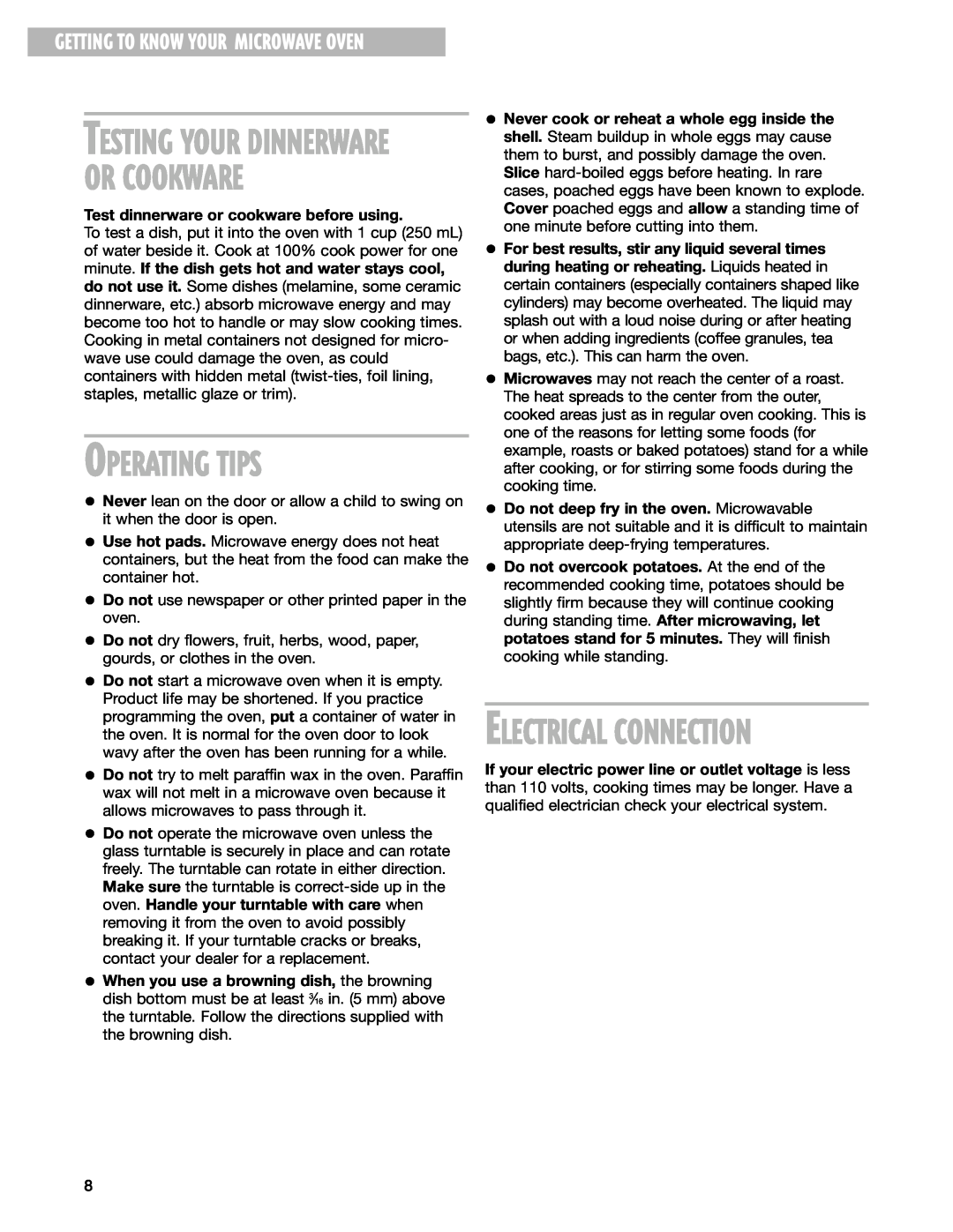 Whirlpool GT4185SK installation instructions Or Cookware, Operating Tips, Electrical Connection, Testing Your Dinnerware 