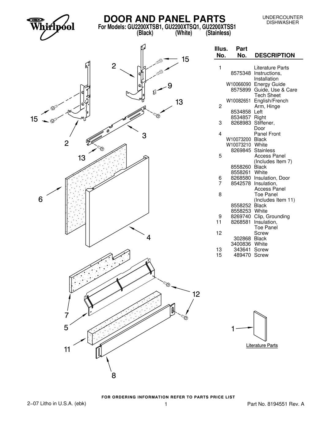 Whirlpool GU2200XTSQ1, GU2200XTSB1, GU2200XTSS1 manual Door and Panel Parts, Black White 