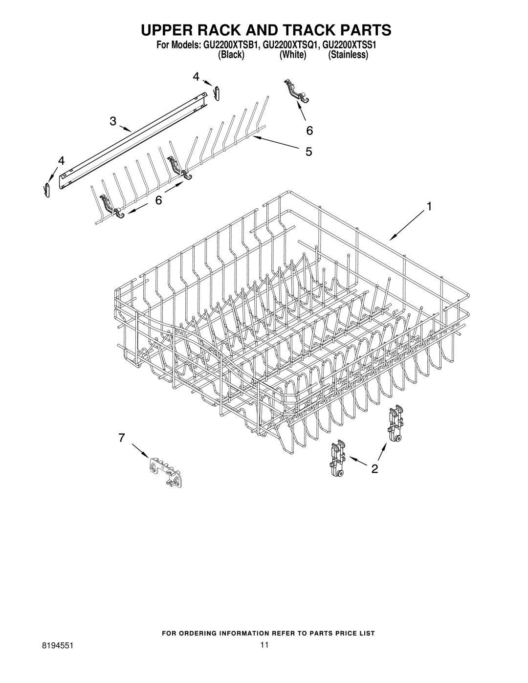 Whirlpool GU2200XTSS1, GU2200XTSB1, GU2200XTSQ1 manual Upper Rack and Track Parts 