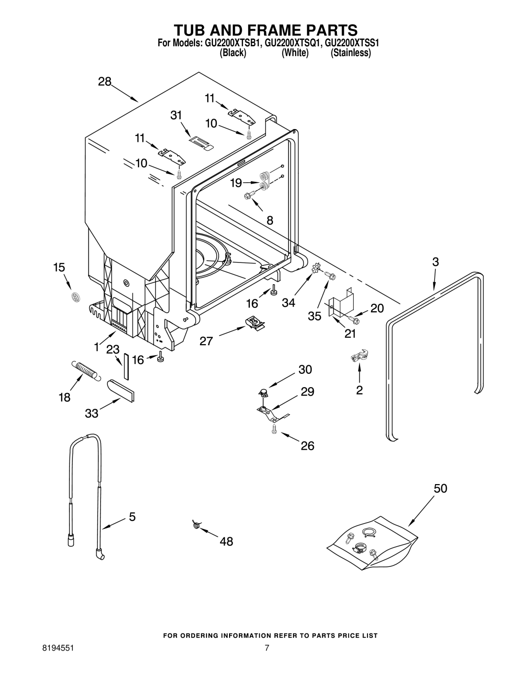 Whirlpool GU2200XTSQ1, GU2200XTSB1, GU2200XTSS1 manual TUB and Frame Parts 