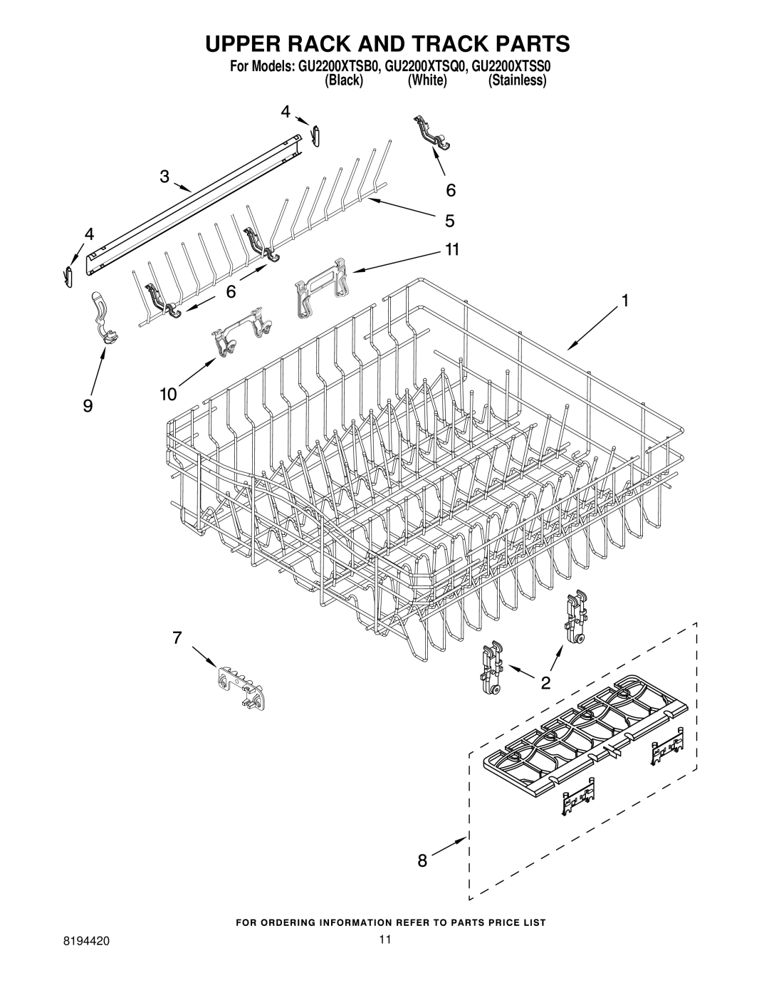 Whirlpool GU2200XTSB0, GU2200XTSQ0, GU2200XTSS0 manual Upper Rack and Track Parts 