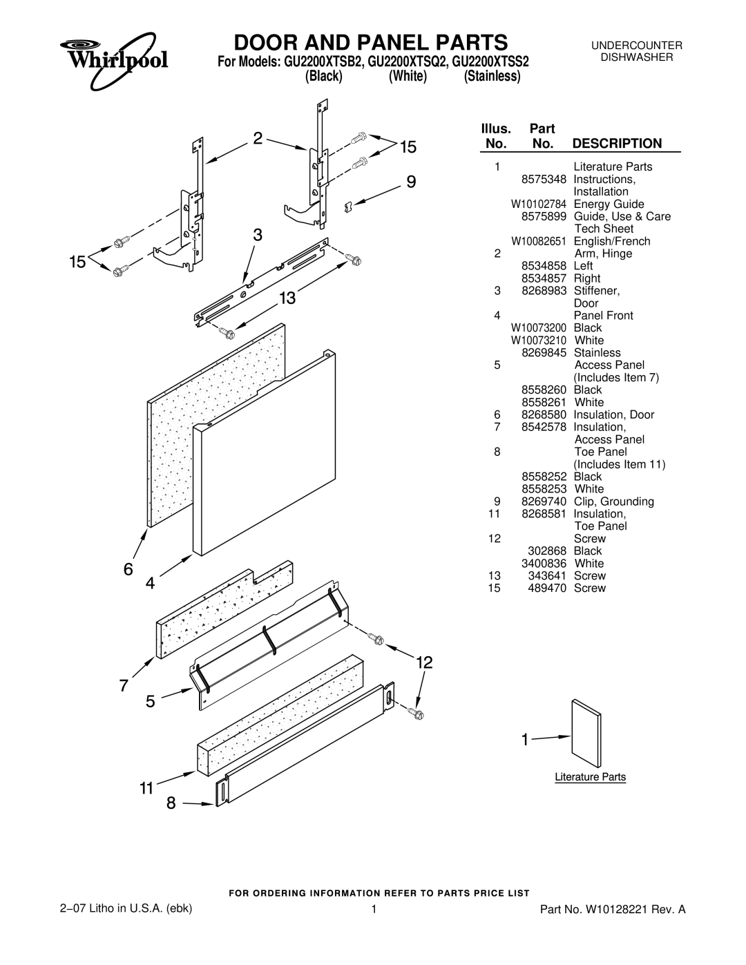 Whirlpool GU2200XTSS2, GU2200XTSQ2, GU2200XTSB2 manual Door and Panel Parts, Black White 