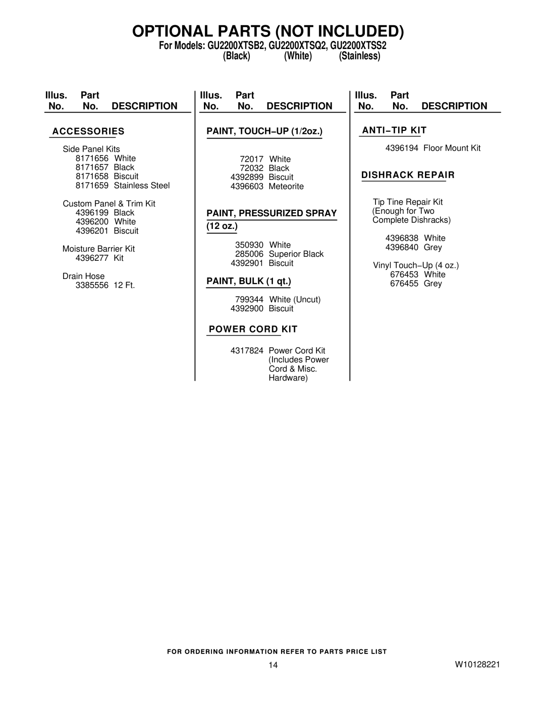 Whirlpool GU2200XTSB2, GU2200XTSQ2, GU2200XTSS2 manual Optional Parts not Included, Accessories 