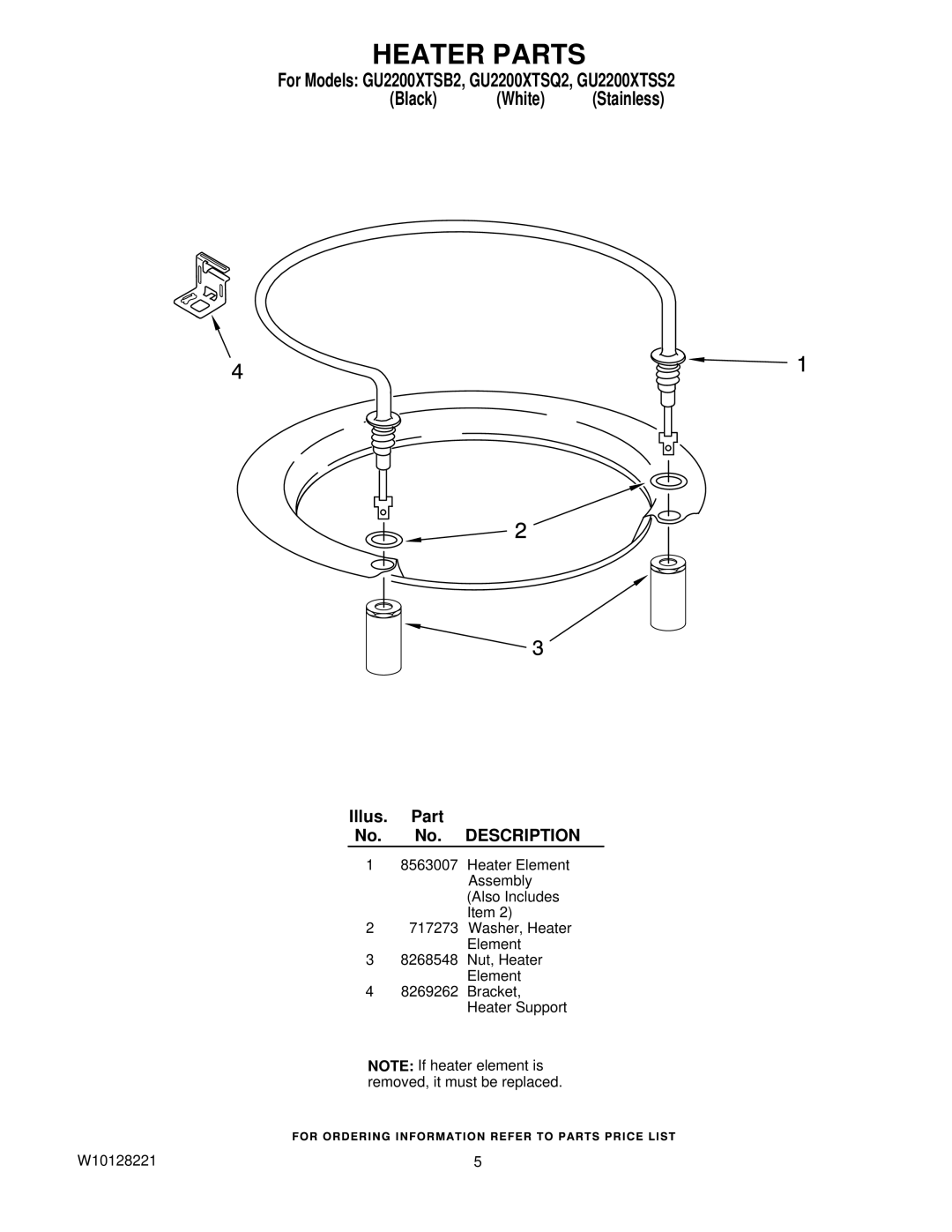 Whirlpool GU2200XTSB2, GU2200XTSQ2, GU2200XTSS2 manual Heater Parts 