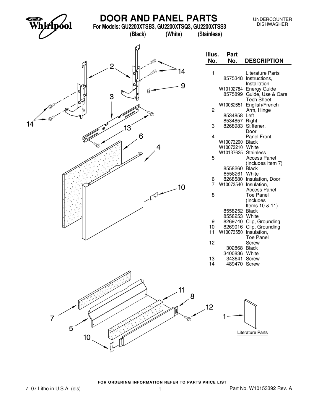 Whirlpool GU2200XTSB3, GU2200XTSS3, GU2200XTSQ3 manual Door and Panel Parts, Black White 