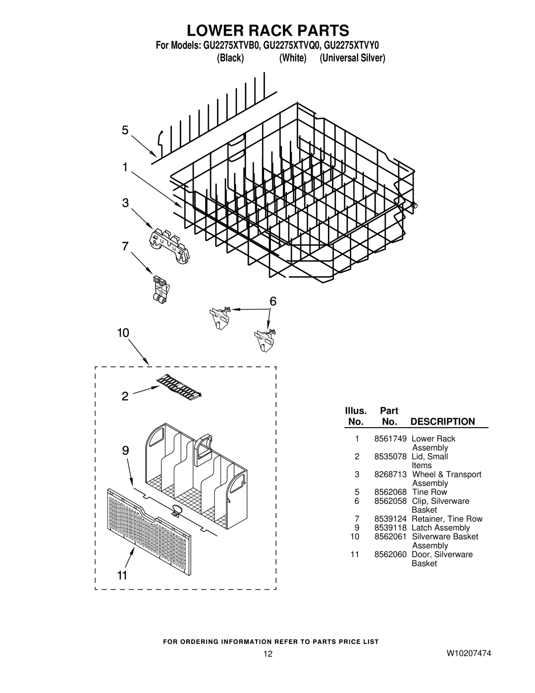 Whirlpool GU2275XTVB0, GU2275XTVY0, GU2275XTVQ0 manual Lower Rack Parts 