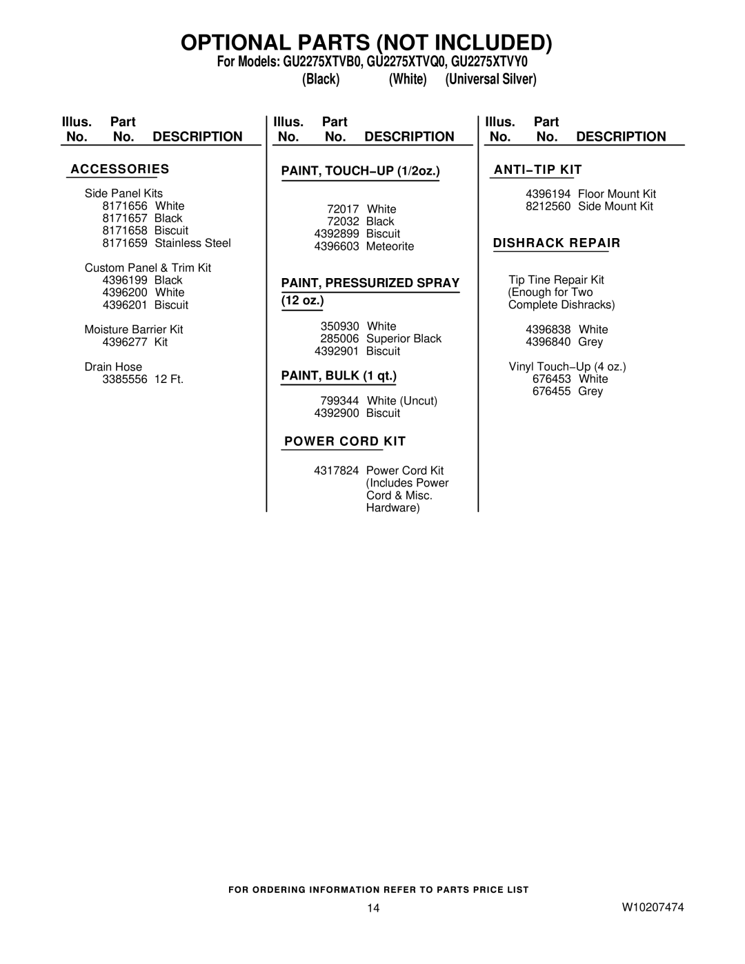 Whirlpool GU2275XTVQ0, GU2275XTVB0, GU2275XTVY0 manual Optional Parts not Included, Accessories 