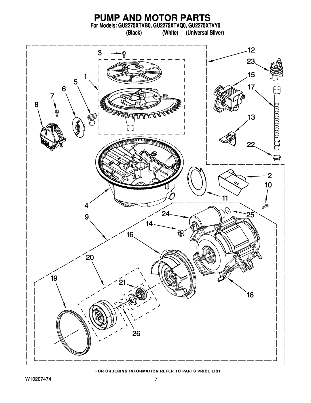 Whirlpool manual Pump And Motor Parts, Black, Universal Silver, For Models GU2275XTVB0, GU2275XTVQ0, GU2275XTVY0, White 
