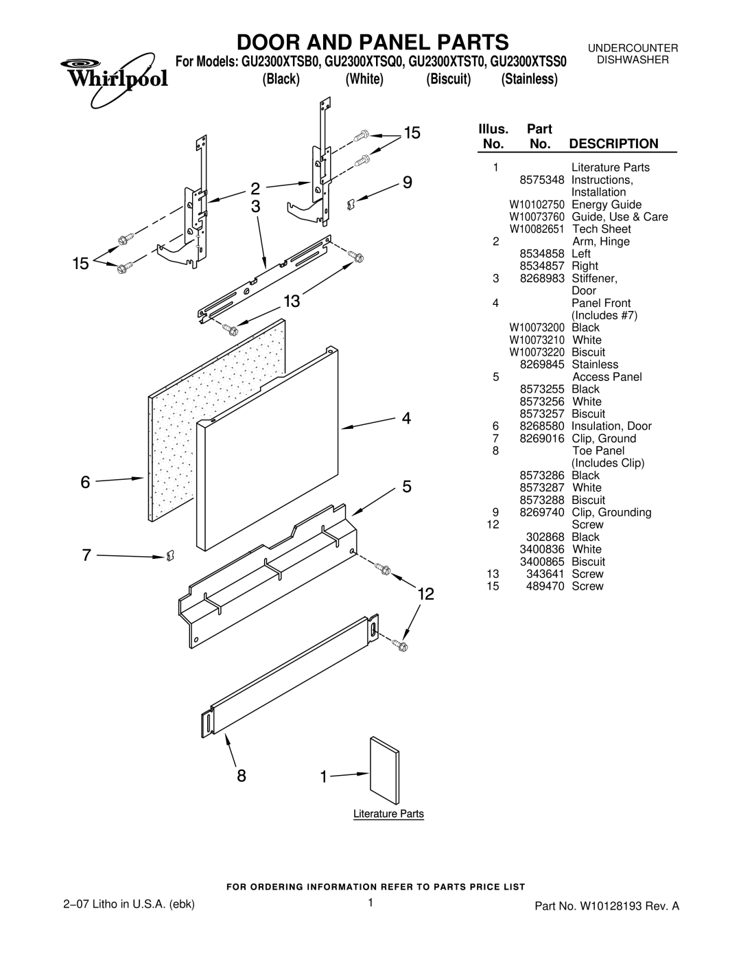 Whirlpool GU2300XTS manual Door and Panel Parts, Black White Biscuit Stainless 