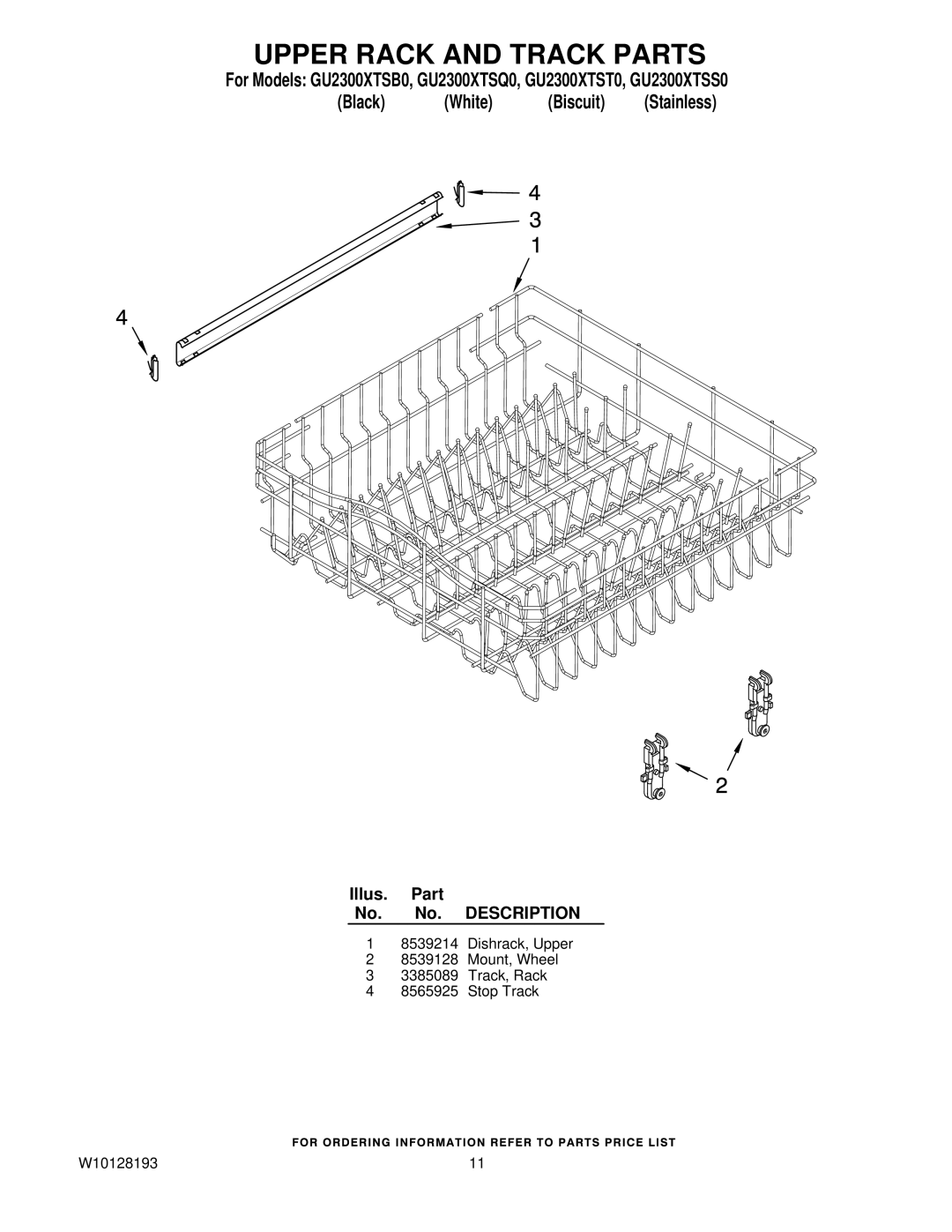 Whirlpool GU2300XTS manual Upper Rack and Track Parts 