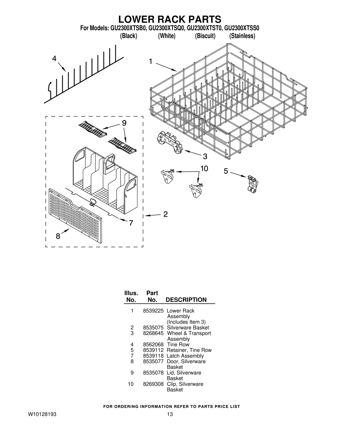 Whirlpool GU2300XTS manual Lower Rack Parts 