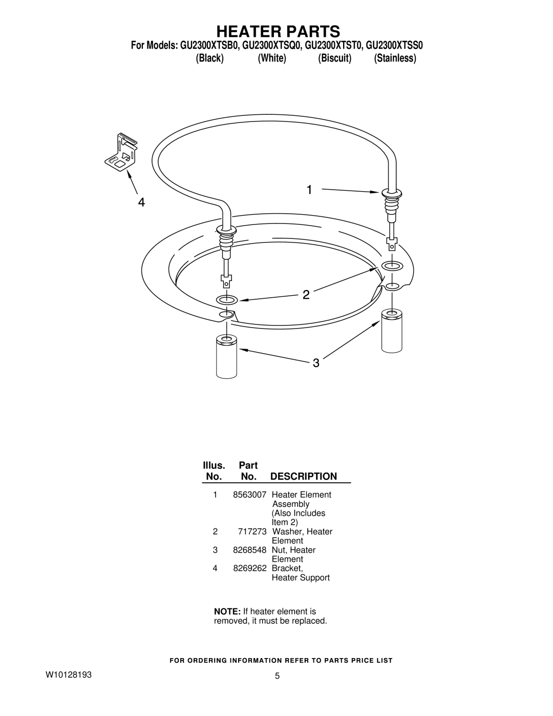 Whirlpool GU2300XTS manual Heater Parts 