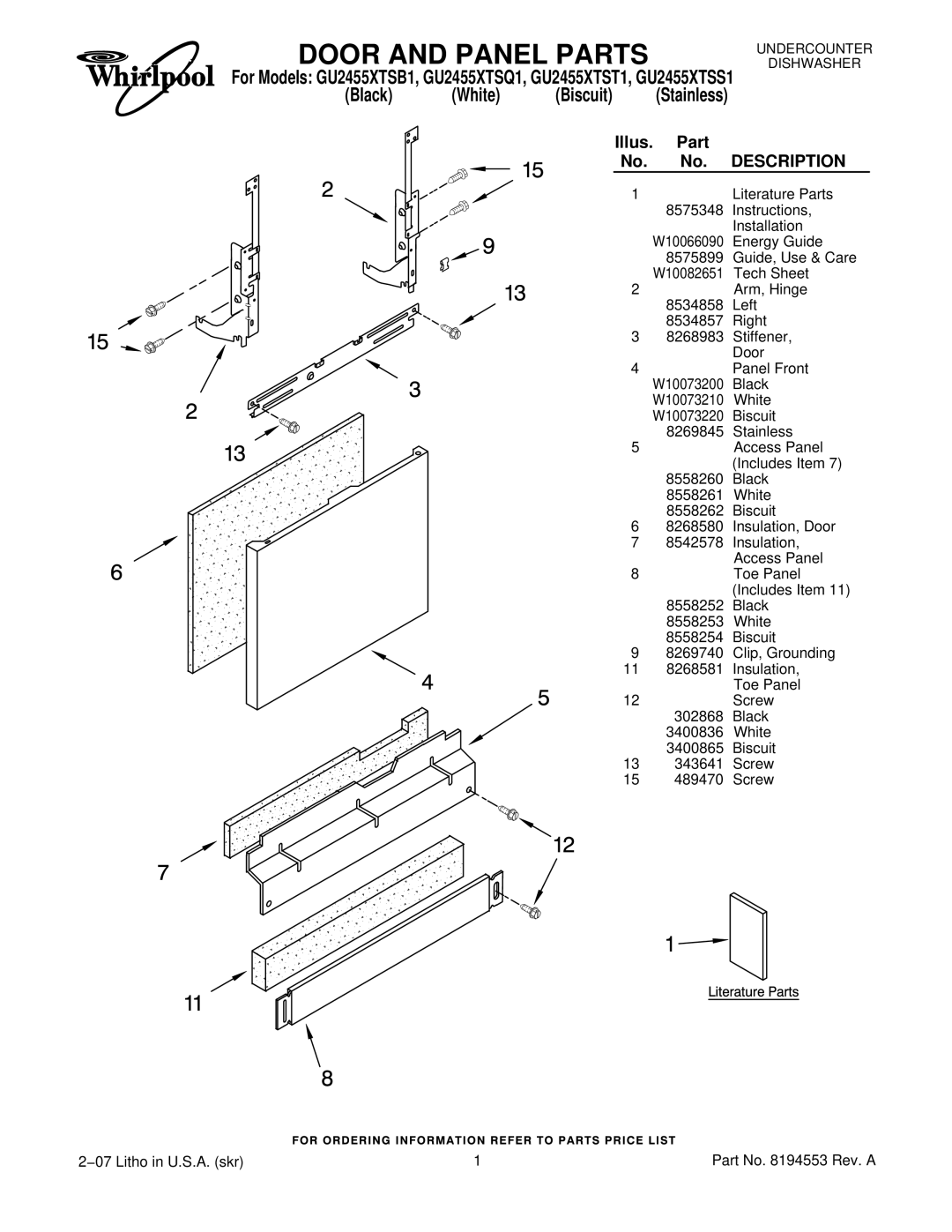 Whirlpool GU2455XTSQ1, GU2455XTSB1, GU2455XTSS1, GU2455XTST1 manual Door and Panel Parts, Black White Biscuit Stainless 