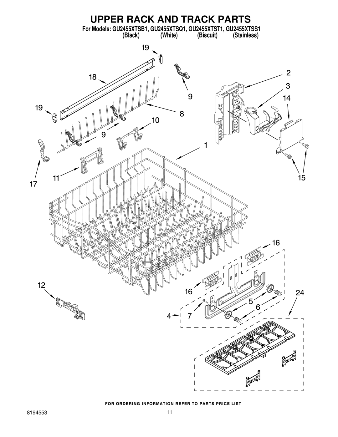 Whirlpool GU2455XTST1, GU2455XTSB1, GU2455XTSQ1, GU2455XTSS1 manual Upper Rack and Track Parts 