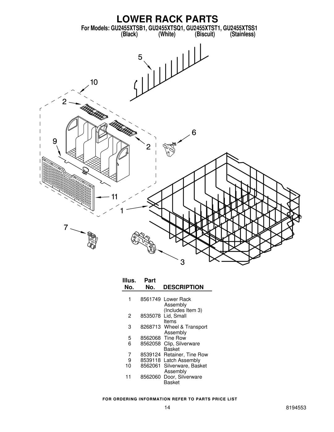 Whirlpool GU2455XTSS1, GU2455XTSB1, GU2455XTSQ1, GU2455XTST1 manual Lower Rack Parts 