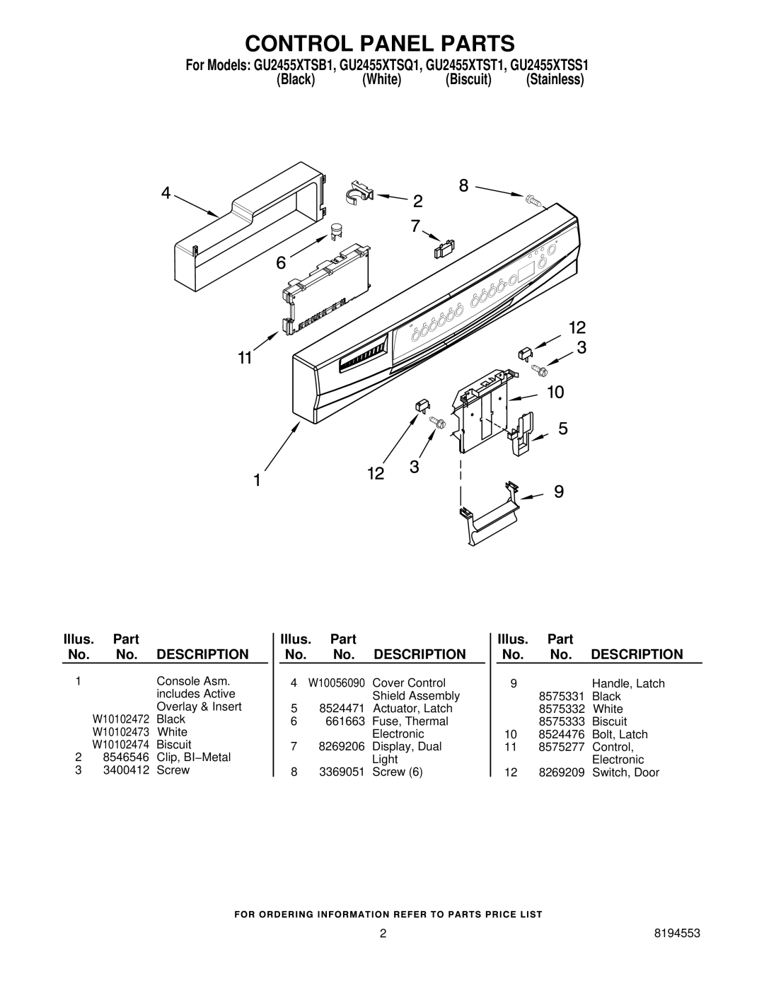 Whirlpool GU2455XTSS1, GU2455XTSB1, GU2455XTSQ1, GU2455XTST1 manual Control Panel Parts 