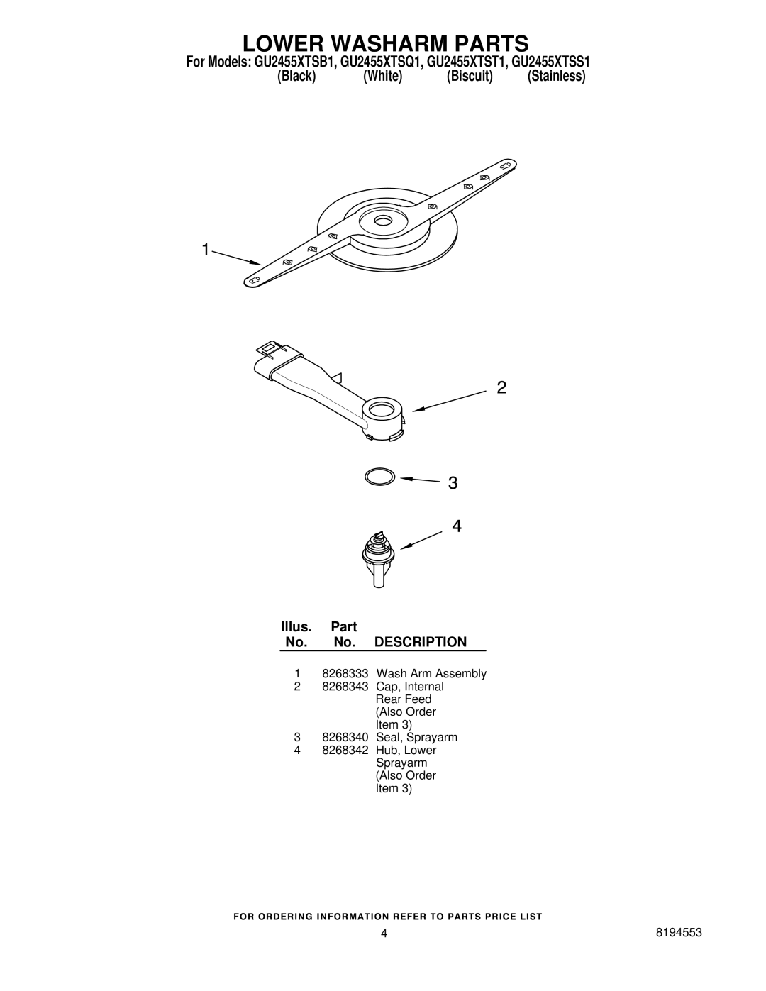 Whirlpool GU2455XTSB1, GU2455XTSQ1, GU2455XTSS1, GU2455XTST1 manual Lower Washarm Parts 