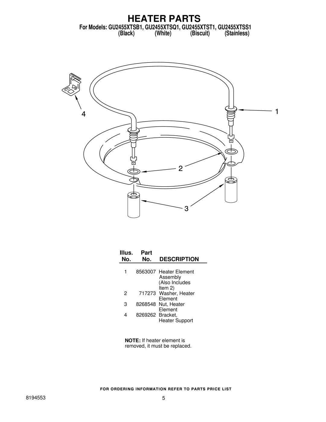 Whirlpool GU2455XTSQ1, GU2455XTSB1, GU2455XTSS1, GU2455XTST1 manual Heater Parts 