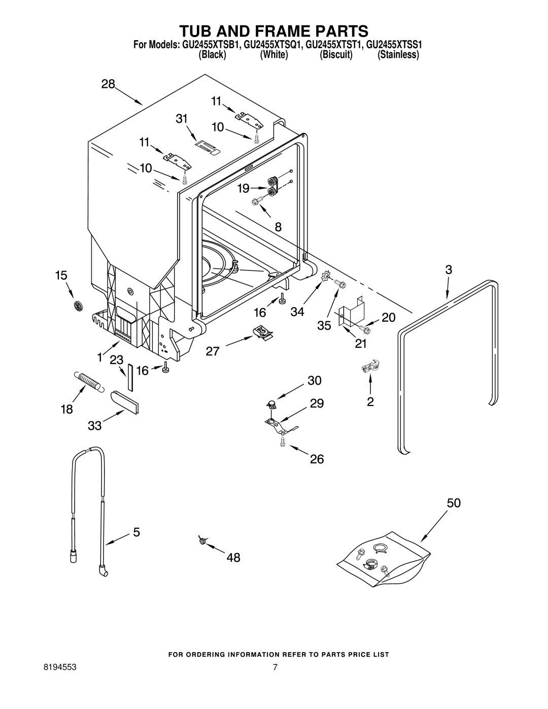 Whirlpool GU2455XTST1, GU2455XTSB1, GU2455XTSQ1, GU2455XTSS1 manual TUB and Frame Parts 