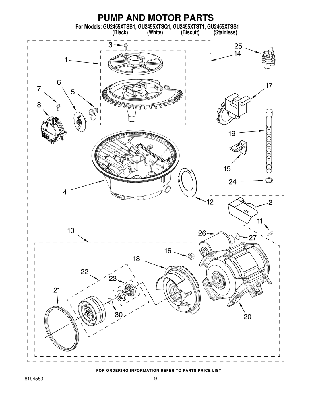 Whirlpool GU2455XTSQ1, GU2455XTSB1, GU2455XTSS1, GU2455XTST1 manual Pump and Motor Parts 