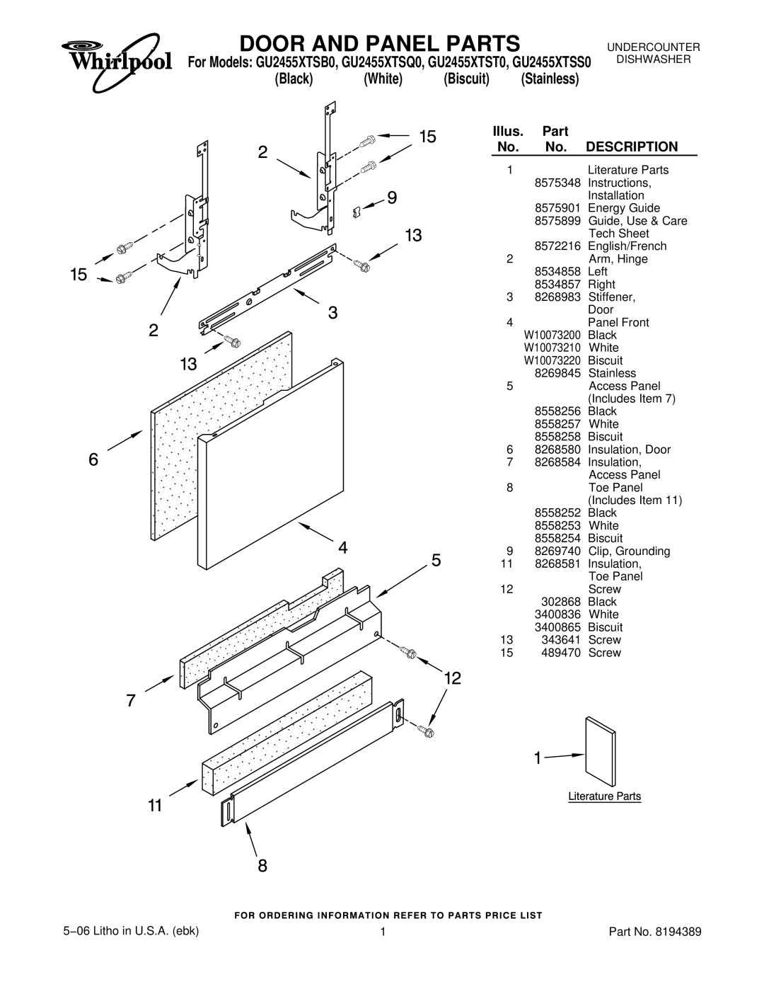 Whirlpool GU2455XTSS0, GU2455XTST0, GU2455XTSB0, GU2455XTSQ0 manual Door and Panel Parts, Black White Biscuit 