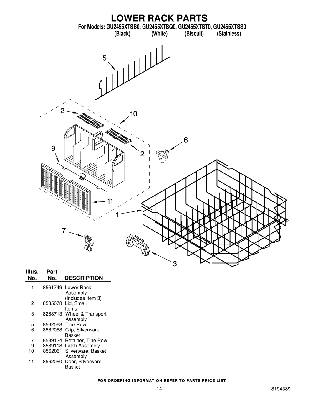 Whirlpool GU2455XTSB0, GU2455XTST0, GU2455XTSS0, GU2455XTSQ0 manual Lower Rack Parts 