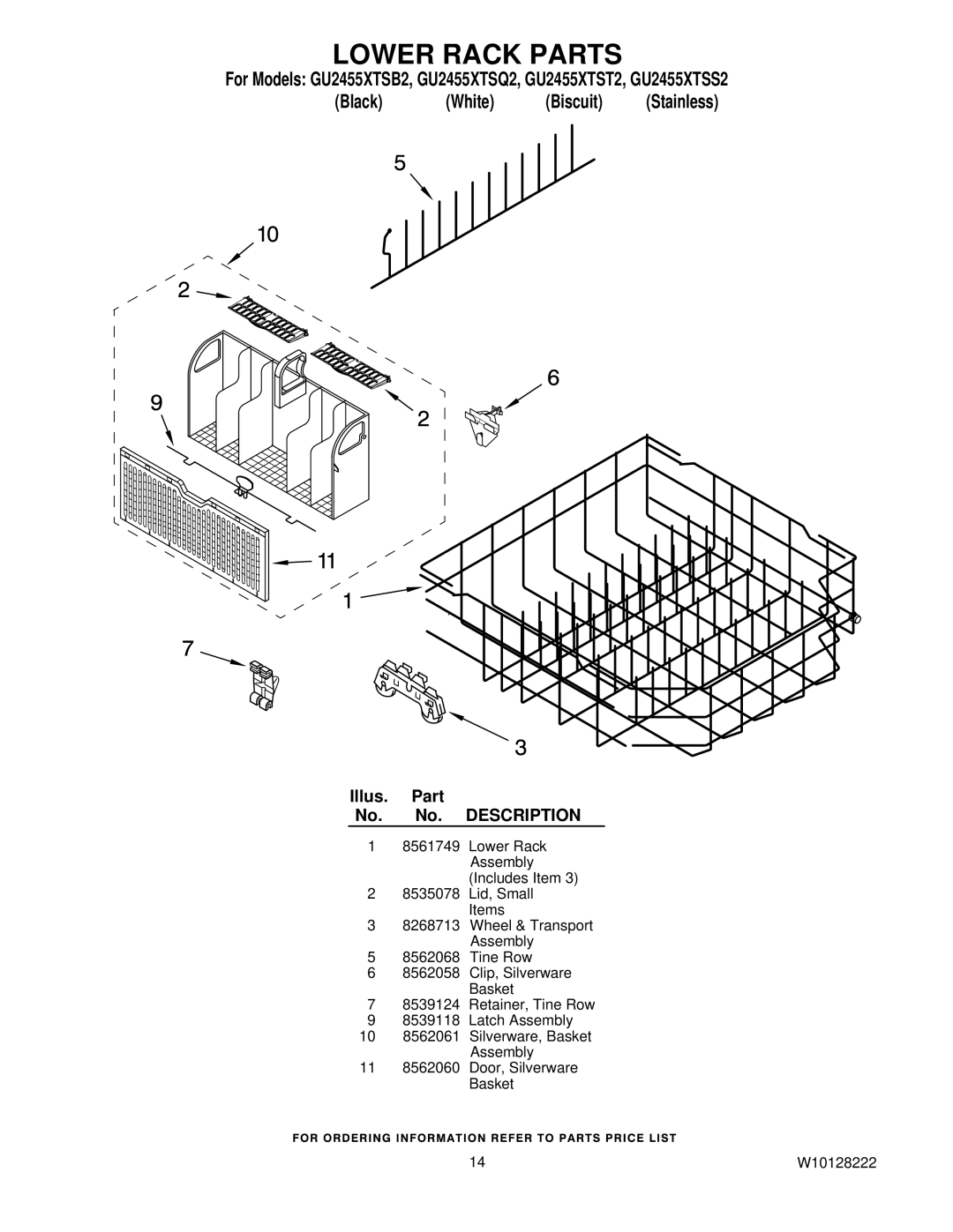 Whirlpool GU2455XTSB2, GU2455XTST2, GU2455XTSS2, GU2455XTSQ2 manual Lower Rack Parts 