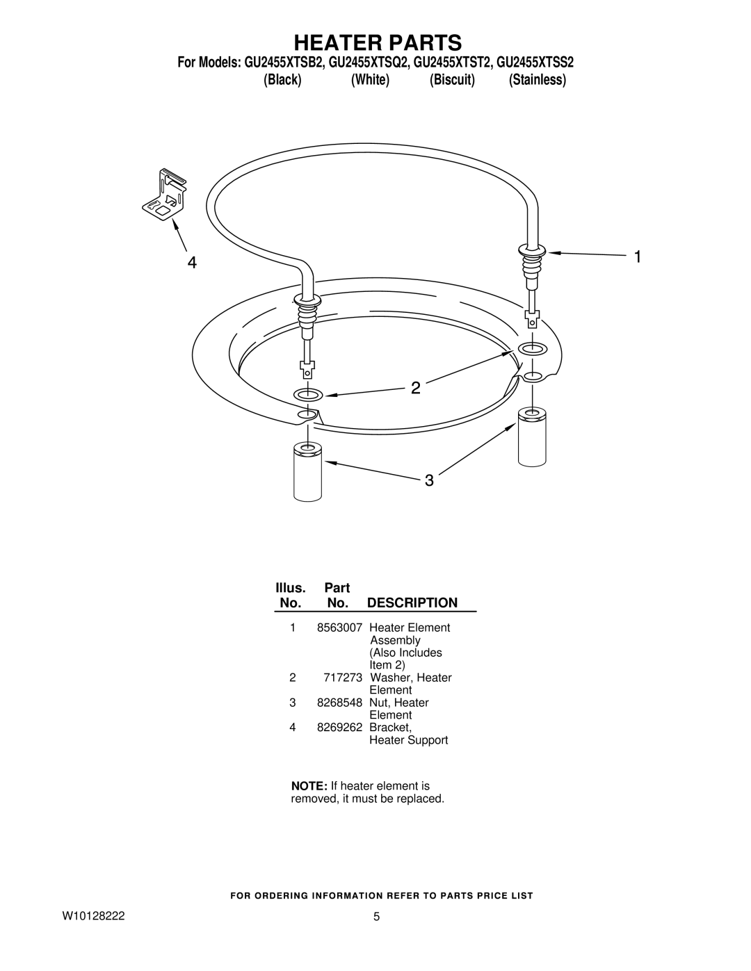 Whirlpool GU2455XTSS2, GU2455XTST2, GU2455XTSB2, GU2455XTSQ2 manual Heater Parts 