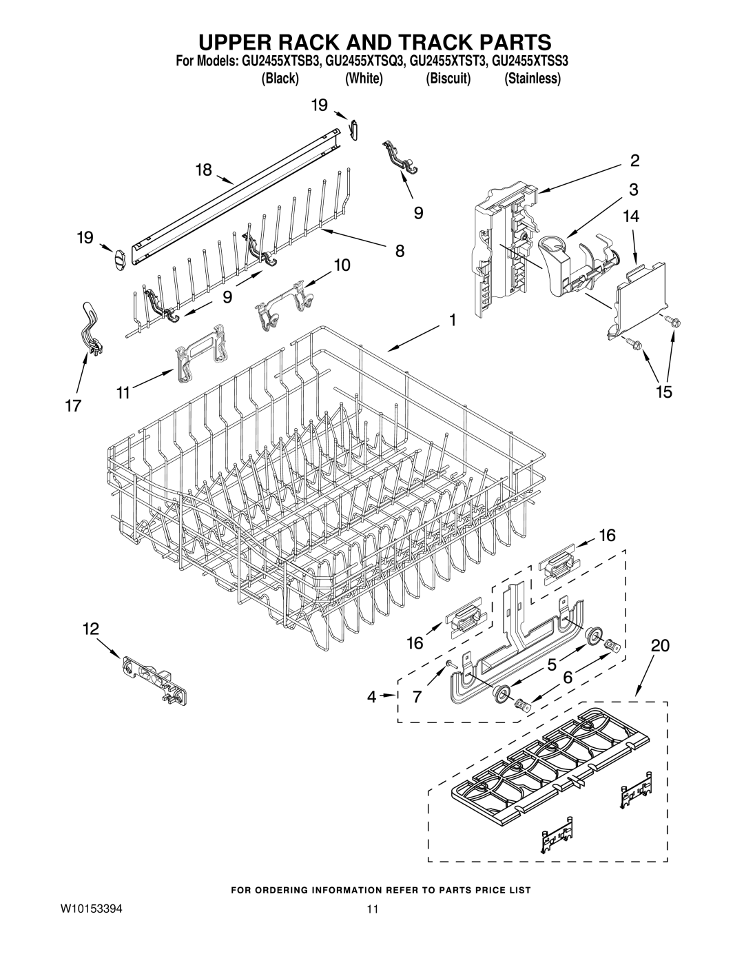 Whirlpool GU2455XTSQ3, GU2455XTST3, GU2455XTSB3, GU2455XTSS3 manual Upper Rack and Track Parts 