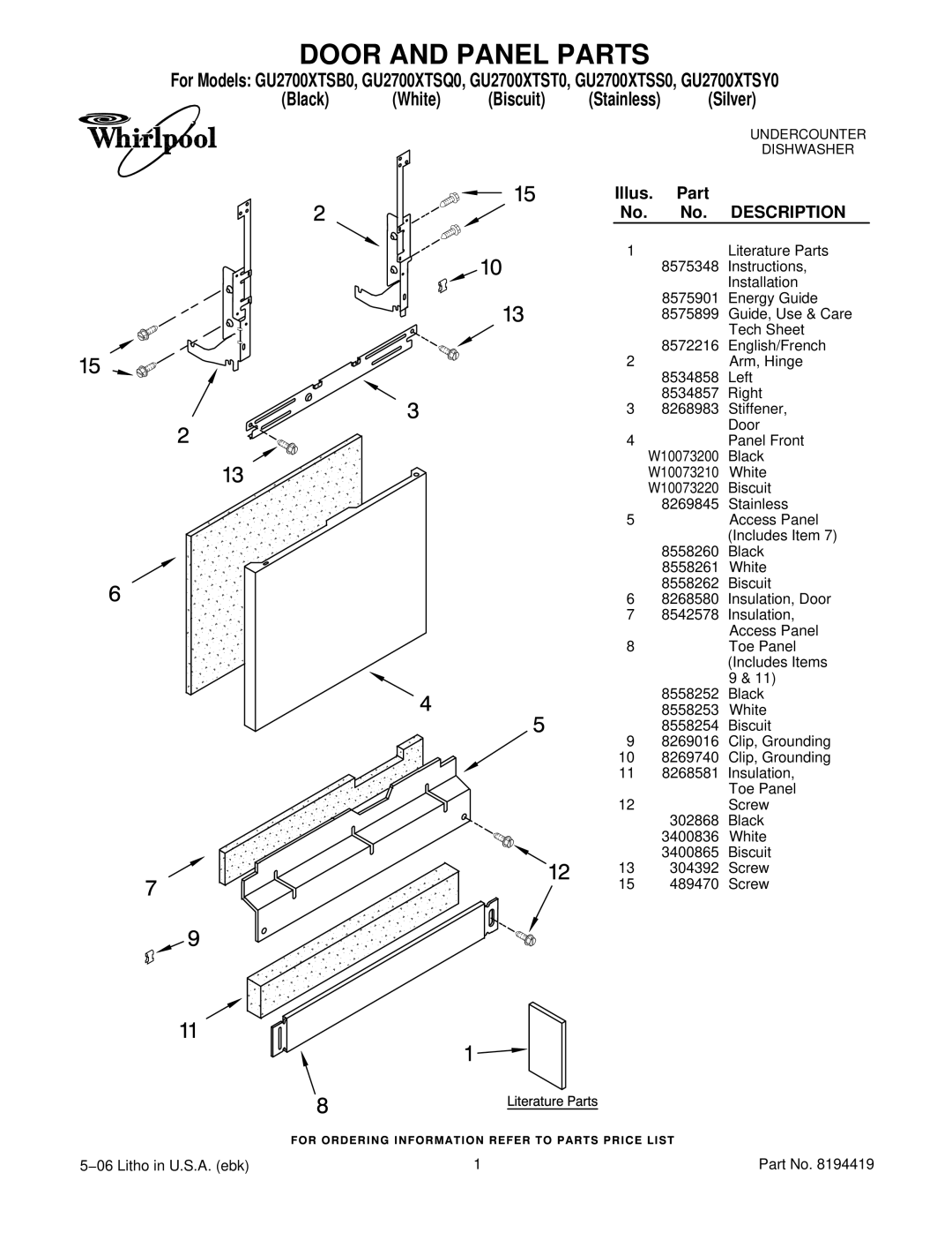 Whirlpool GU2700XTSY0, GU2700XTST0, GU2700XTSB0, GU2700XTSQ0 manual Door and Panel Parts, Black White Biscuit Stainless 