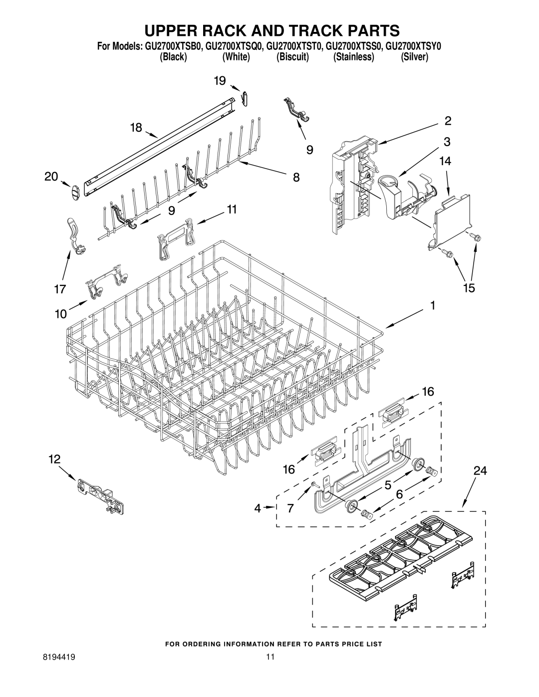 Whirlpool GU2700XTSY0, GU2700XTST0, GU2700XTSB0, GU2700XTSQ0, GU2700XTSS0 manual Upper Rack and Track Parts 